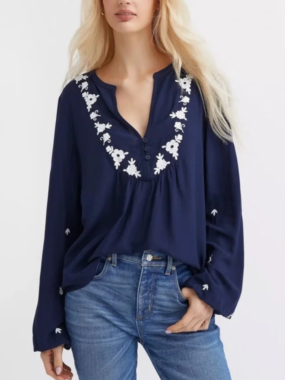 Loft Navy Blue Peasant Tunic Embroidered front Bell Sleeve Boho Blouse size Mp